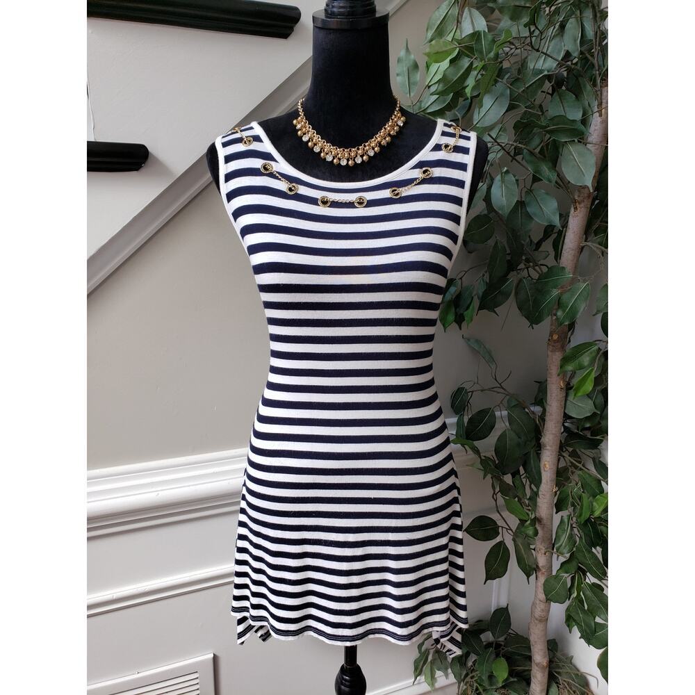 Belldini Top Blouse Womens Small White Blue Striped Embellished Asymmetrical Hem
